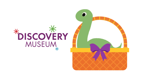 graphic showing a baby dinosaur in a basket, with the Discovery Museum logo