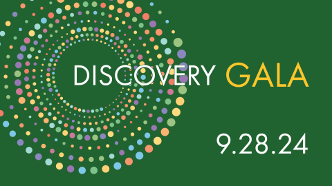 graphic with green background, dots forming nesting circles, and the words "Discovery Gala" and the date "9.28.24"